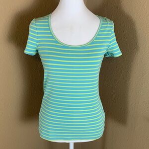 Boden Blue & Yellow Striped Scoop Neck T Shirt Womens Small Cotton Stretch